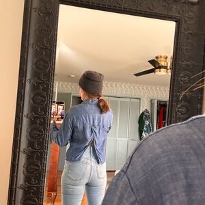 Current Air denim cropped long sleeve top with slit back